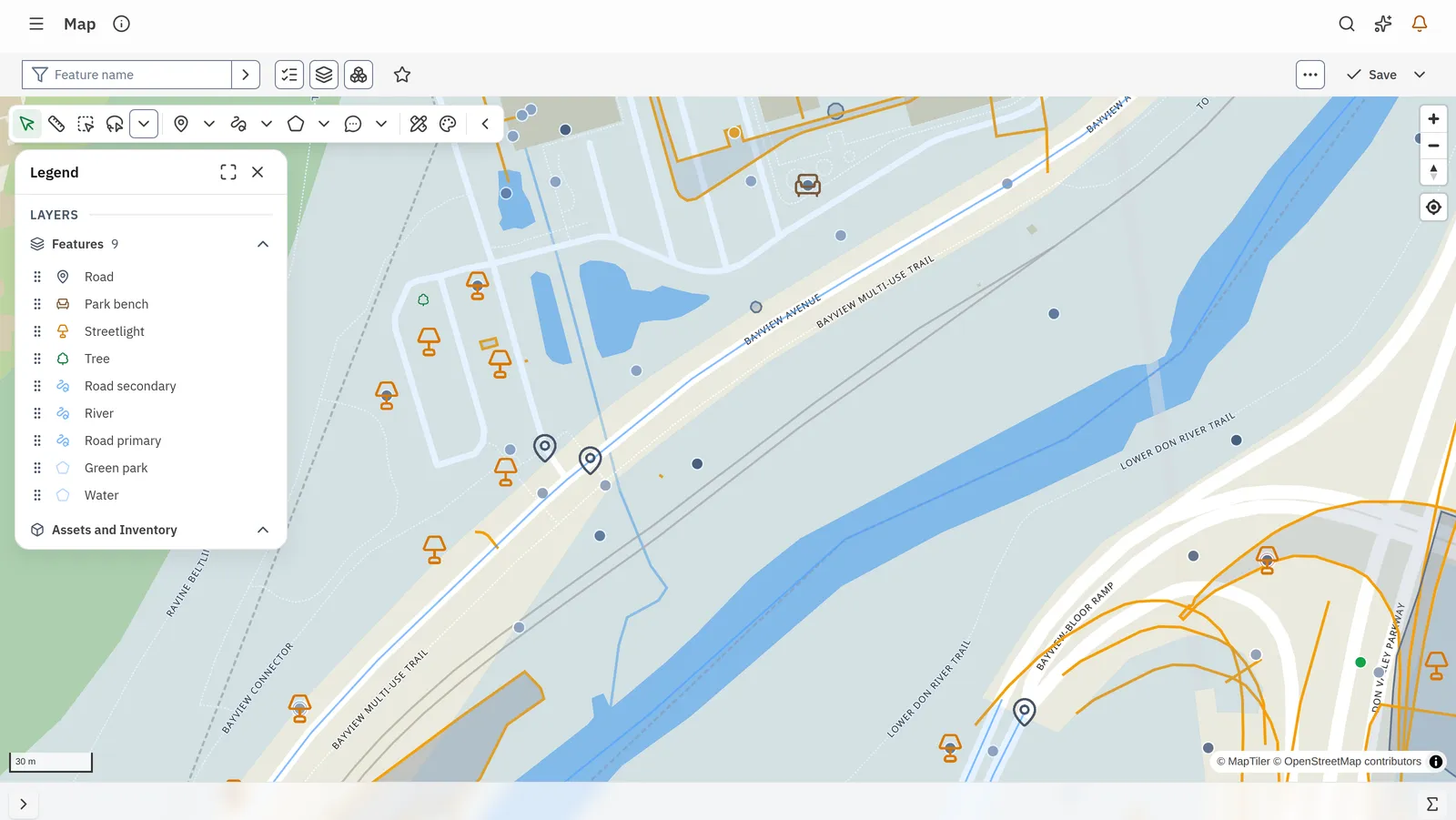 Assets, work and public requests on the map
