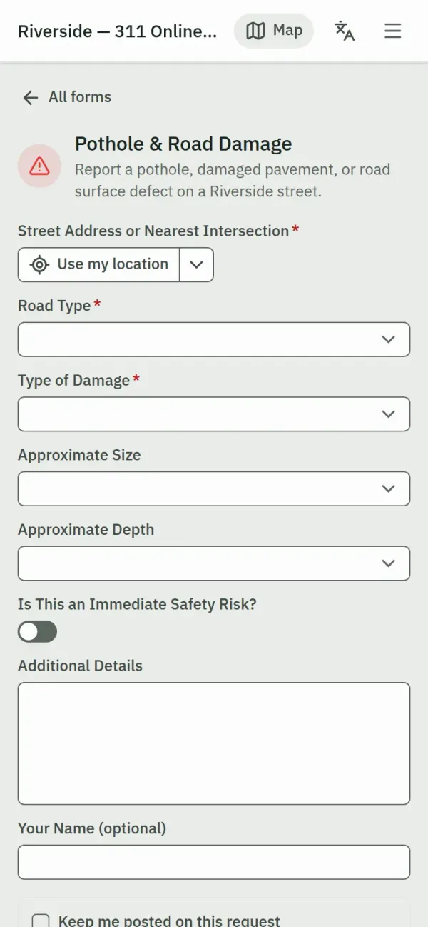 The portal's request types and a request form on a phone