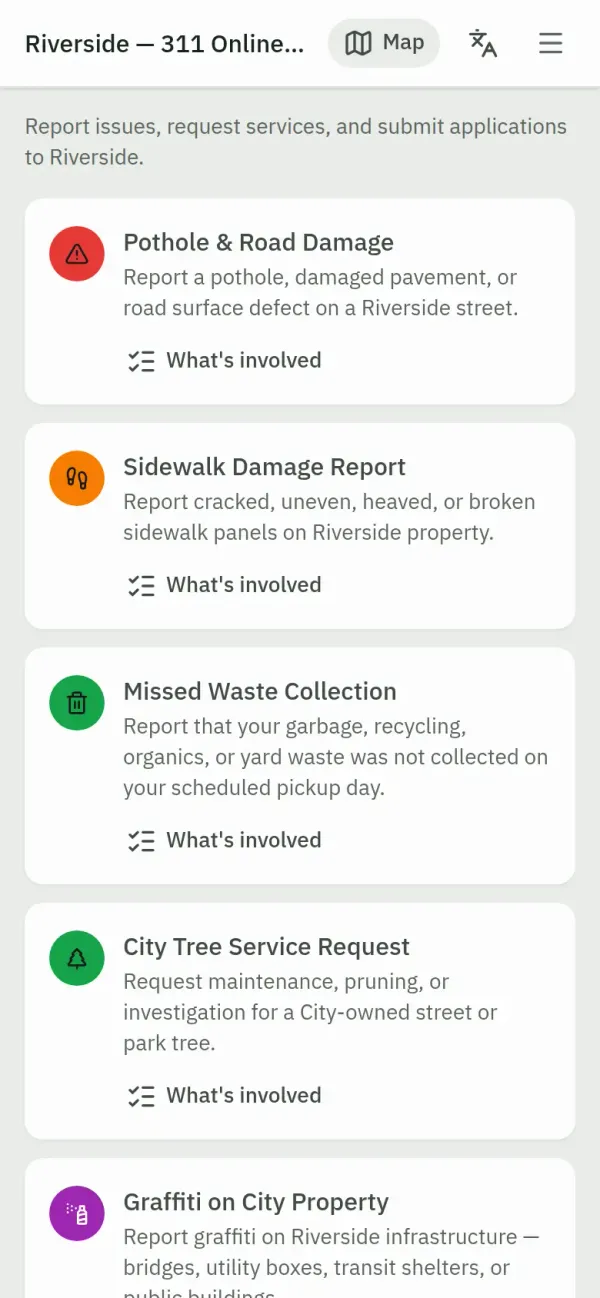 The portal's request types and a request form on a phone