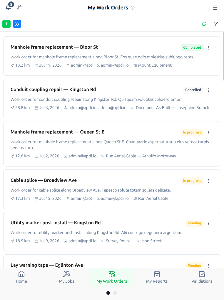My Reports on tablet — submitted reports with pass, revision and validated status