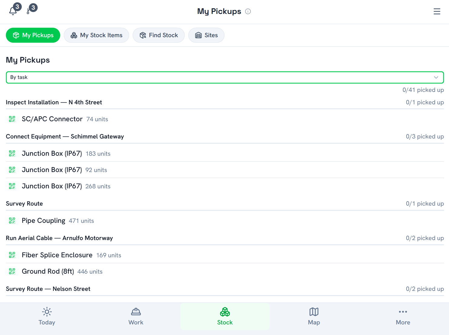 My Pickups on mobile — stock to collect grouped by task, with unit counts